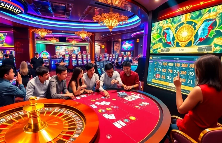 Exciting casino atmosphere showcasing gaming at trang chủ xx88 with vibrant tables and thrilling action.