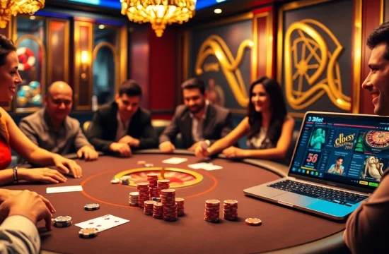 A thrilling game of poker at a luxurious casino featuring 3Dbet elements, including vibrant colors and professional atmosphere.