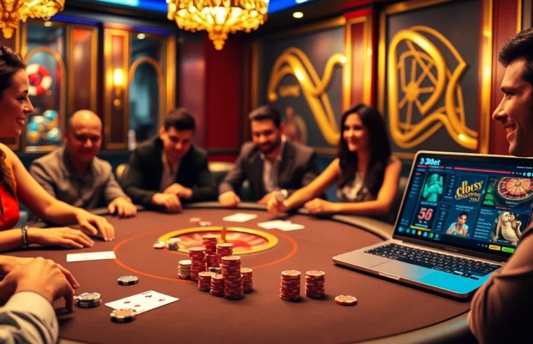 A thrilling game of poker at a luxurious casino featuring 3Dbet elements, including vibrant colors and professional atmosphere.
