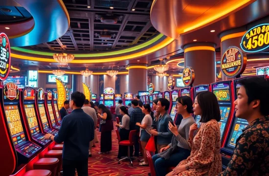 Experience thrilling gameplay at king88 in a vibrant online casino setting, showcasing diverse players and luxurious slot machines.