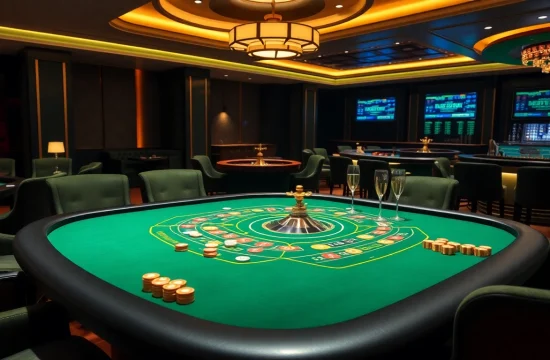 B52 gaming table with players betting at a luxurious casino filled with excitement and rich colors.