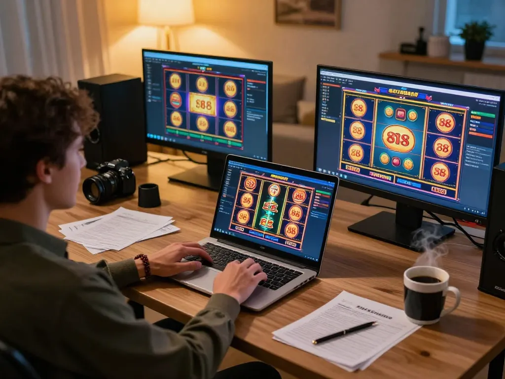 Player enjoying slot 88 on their laptop in a cozy home office, living the online gaming experience