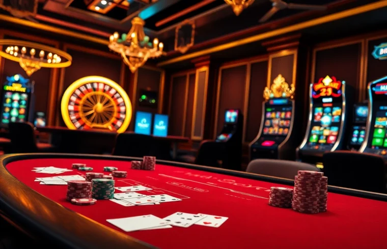 Vibrant casino scene showcasing high-stakes gaming experiences at mk8th.net with poker chips and roulette.