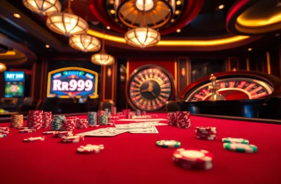 Experience the thrill of rr99 at a lavish casino table with colorful chips and exciting games.