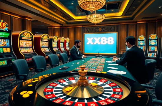 Players enjoying high-stakes Baccarat at nhà cái XX88, surrounded by luxury and excitement in the casino.