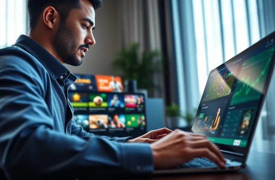 Engaging scene of a user exploring Nhà Cái Uy Tín with vibrant digital graphics and professional atmosphere.