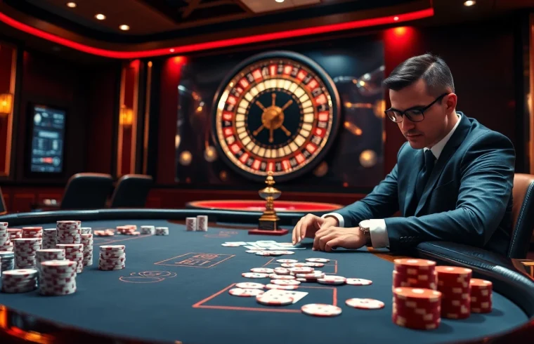 Exciting gambling scene at 123bet featuring luxurious casino tables and poker chips.