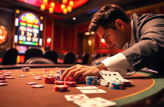 SODO Casino players engaging in high-stakes games with chips and cards on a luxurious table.