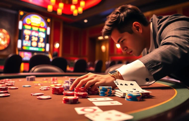 SODO Casino players engaging in high-stakes games with chips and cards on a luxurious table.