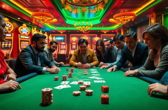Excited players engaging in a poker game at 78winel.com casino table.
