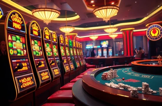 Nổ Hũ Đổi Thưởng slot machines lighting up as players engage in thrilling casino action.
