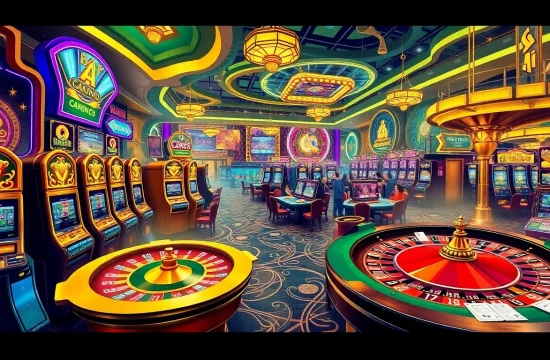 BRO138: Promo akhir tahun Toto Slot Terbaru Murah Hanya 10.000 showcases an exciting casino atmosphere with slot machines and roulette.