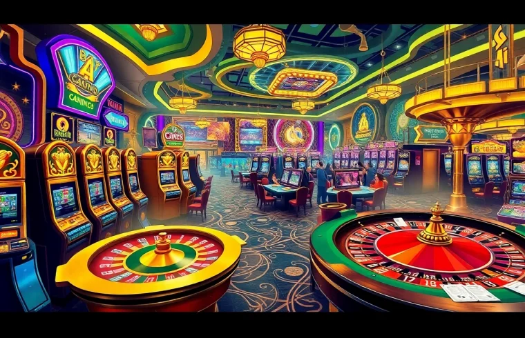 BRO138: Promo akhir tahun Toto Slot Terbaru Murah Hanya 10.000 showcases an exciting casino atmosphere with slot machines and roulette.