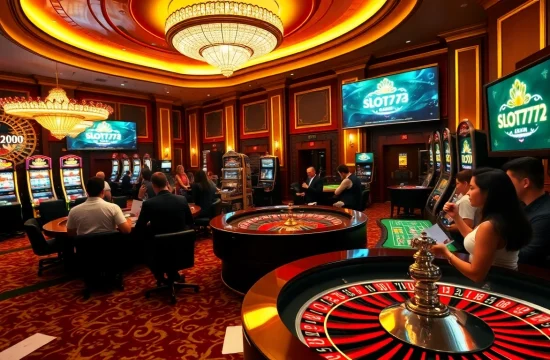 Players enjoying games at a luxurious casino while accessing their slot777 login with excitement.