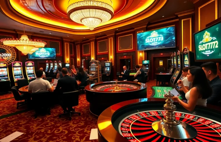 Players enjoying games at a luxurious casino while accessing their slot777 login with excitement.
