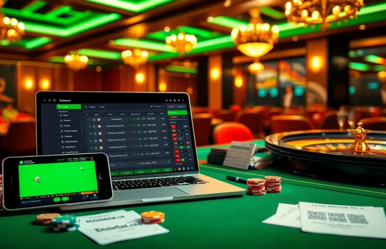 Situs Judi Bola Terpercaya showcasing a secure sports betting atmosphere with betting slips, poker chips, and live football odds.