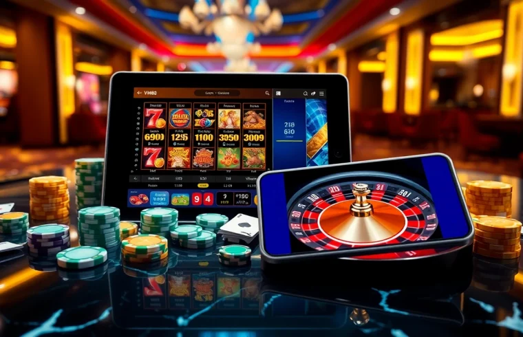 Professional gambler placing strategic bets on VM88 online casino interface with vibrant slot machines
