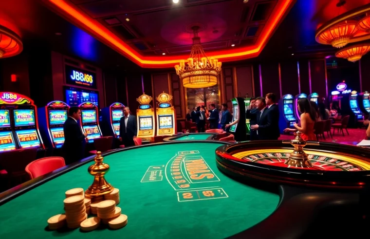 Engaging scene at J88 casino with players and poker chips in a vibrant atmosphere.