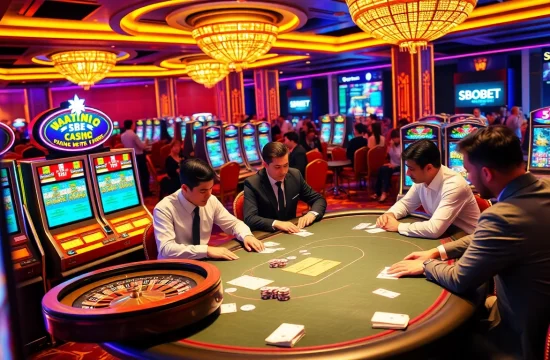 SBOBET online gamblers excitedly place bets at a vibrant casino table, showcasing luxurious poker chips and slot machines.