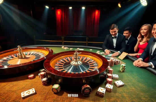 Engaging gameplay at the Trang chủ RR88 showcasing casino tables with roulette wheels and vibrant poker chips.