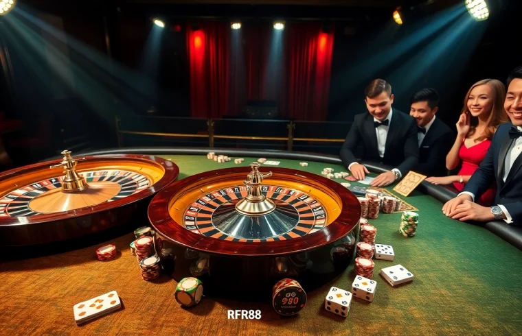 Engaging gameplay at the Trang chủ RR88 showcasing casino tables with roulette wheels and vibrant poker chips.