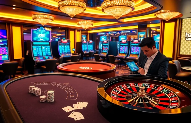 Hz88 professional gambling scene featuring blackjack chips, cards, and roulette wheel action