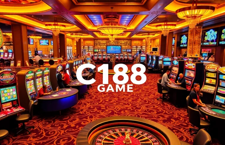 Experience the thrill of C168 GAME in a lavish casino ambiance filled with slot machines and excited players.