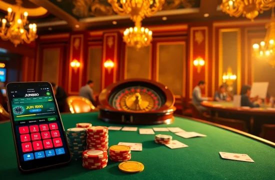 Experience high-stakes excitement at Jun888 with vibrant casino visuals featuring poker chips and a roulette wheel.