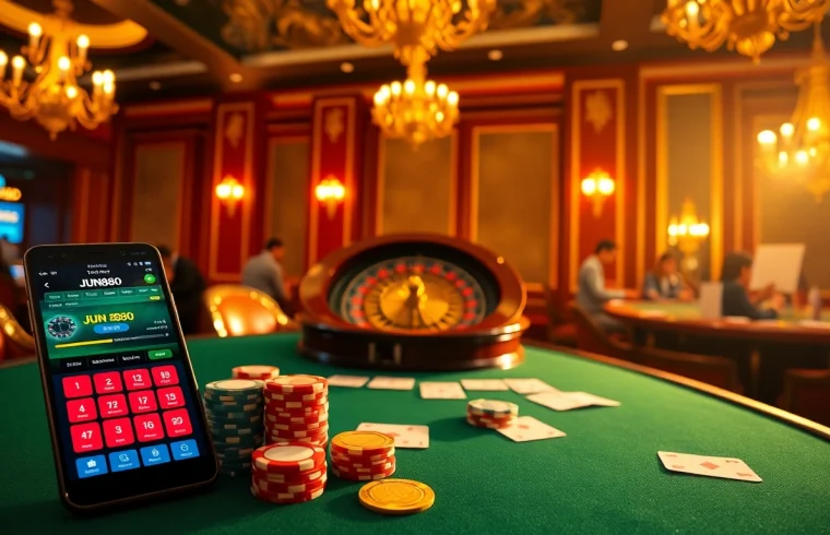 Experience high-stakes excitement at Jun888 with vibrant casino visuals featuring poker chips and a roulette wheel.