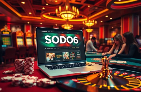 SODO66 online gambling excitement with vibrant casino visuals, featuring slot machines and poker chips.