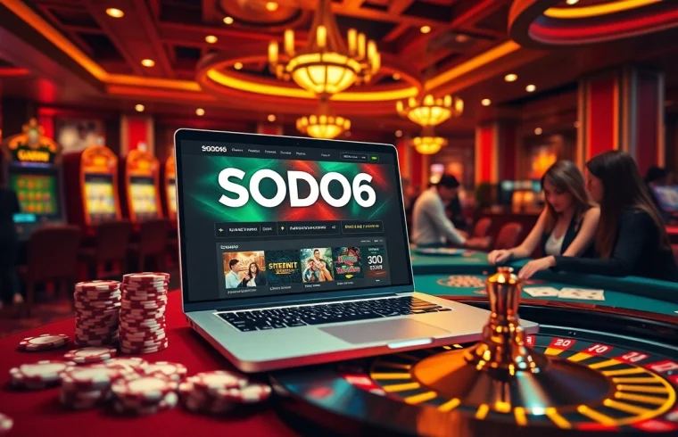 SODO66 online gambling excitement with vibrant casino visuals, featuring slot machines and poker chips.