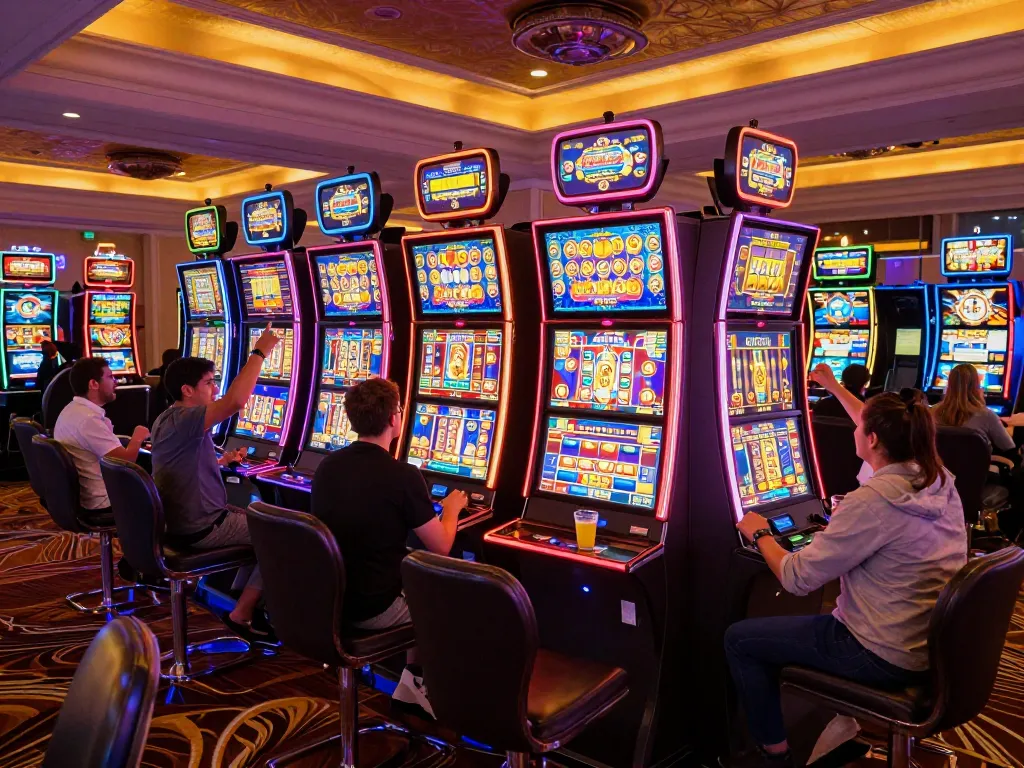 Players celebrating wins at animated slot machines in a vibrant casino atmosphere.