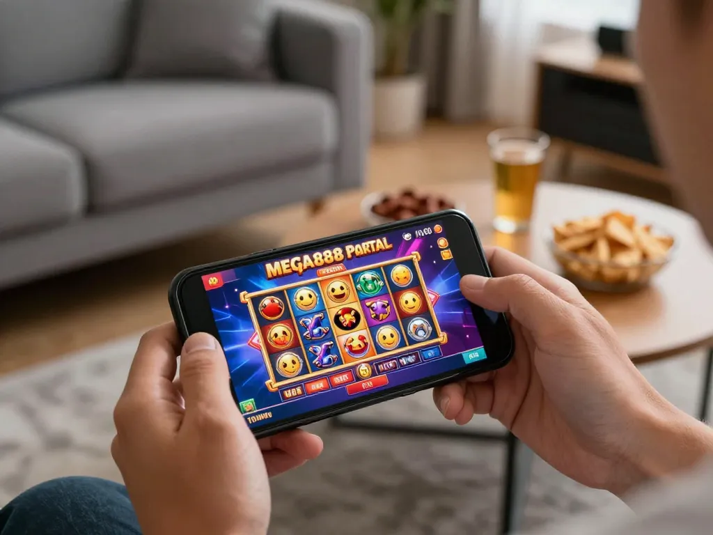 Mega888 Portal app on smartphone showcasing engaging gameplay in a cozy gaming environment.